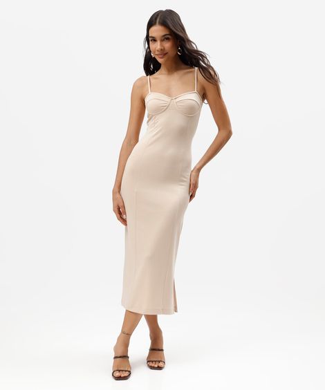 vestido midi feminino decote coração com fenda bege