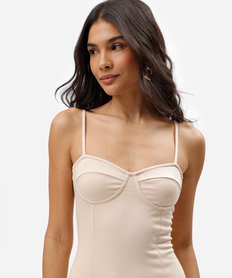 vestido midi feminino decote coração com fenda bege