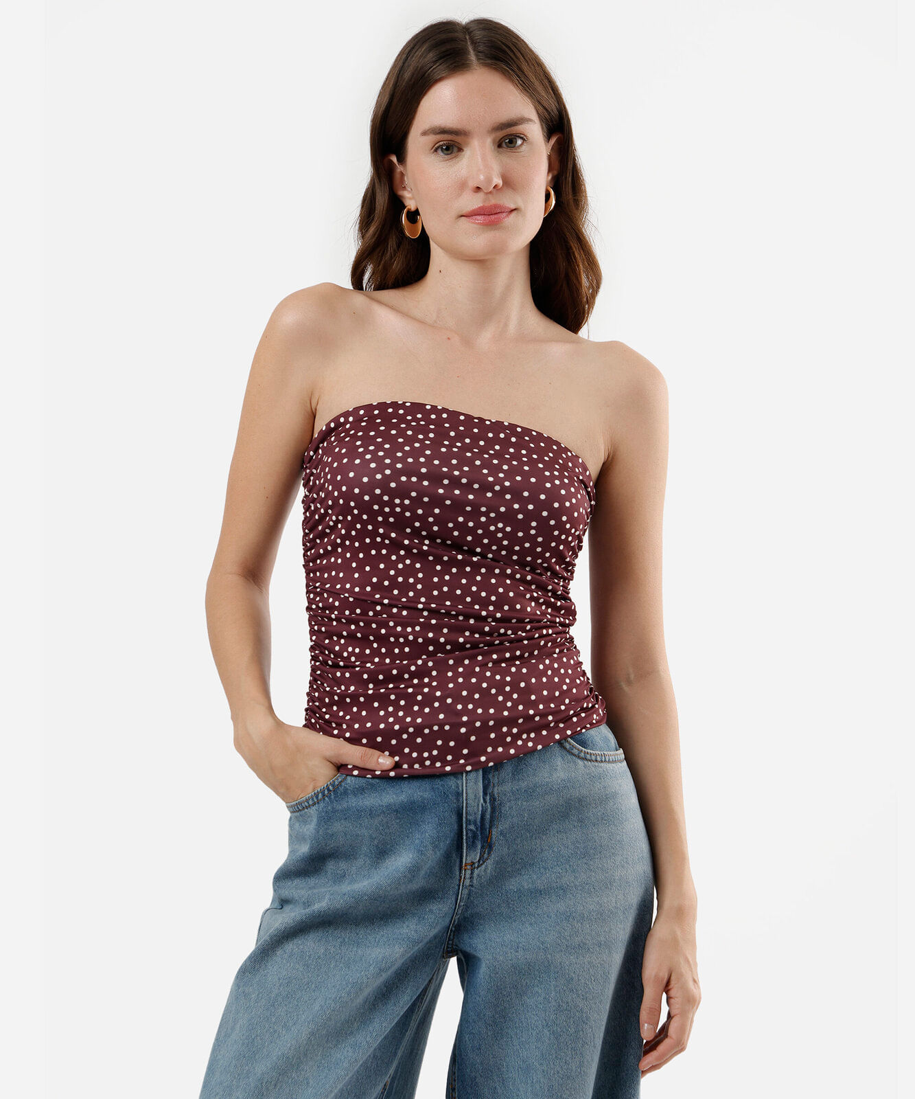 blusa sem alça feminina poá franzida vinho