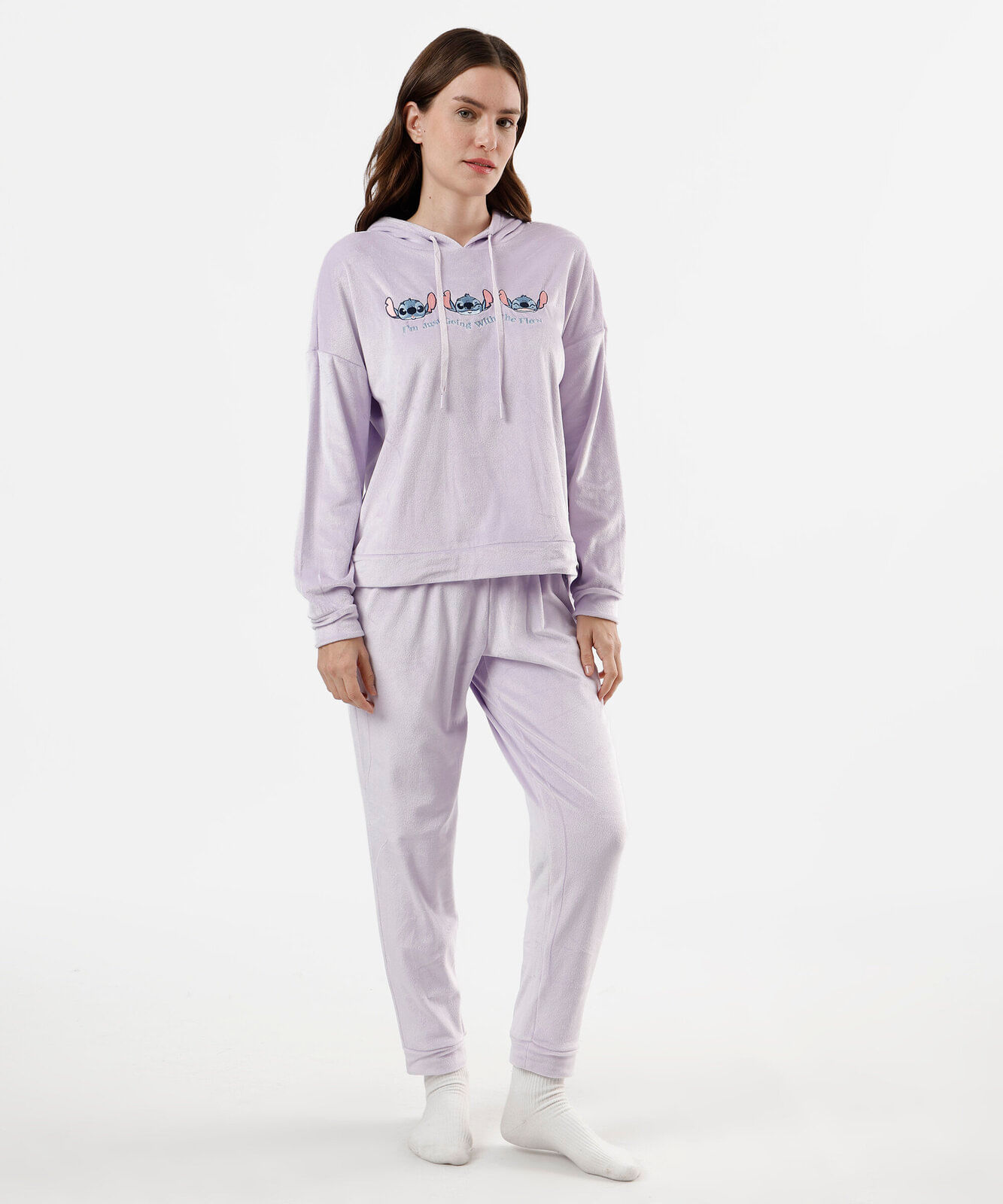 pijama longo feminino com capuz stitch lilás