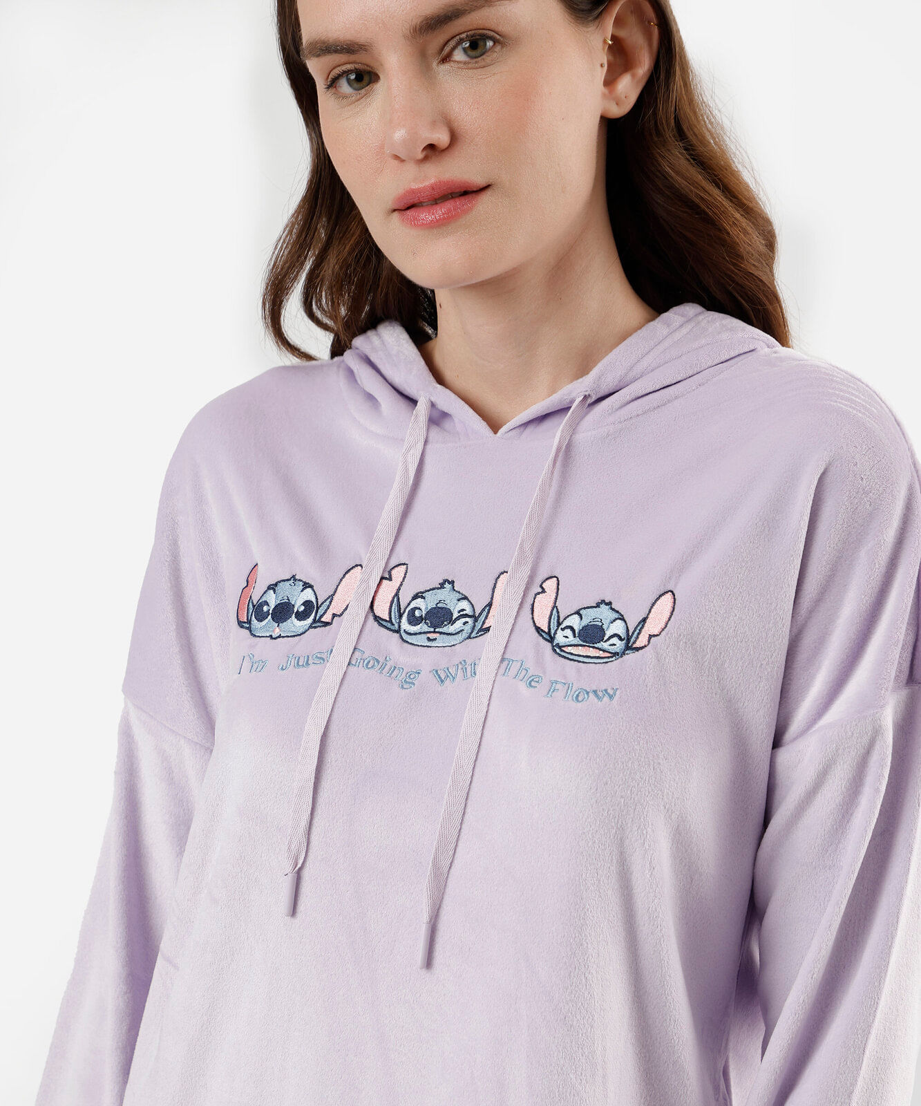 pijama longo feminino com capuz stitch lilás