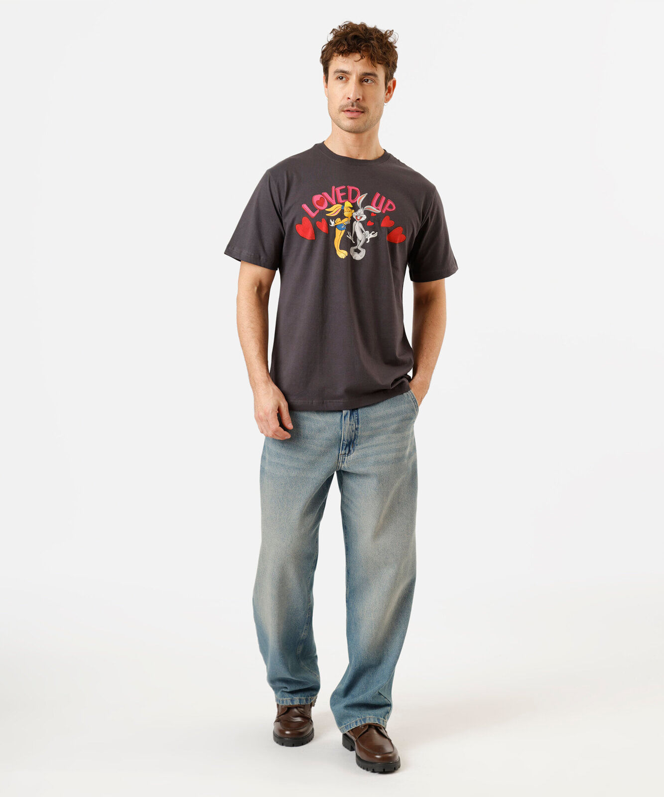 camiseta masculina de algodão manga curta looney tunes cinza