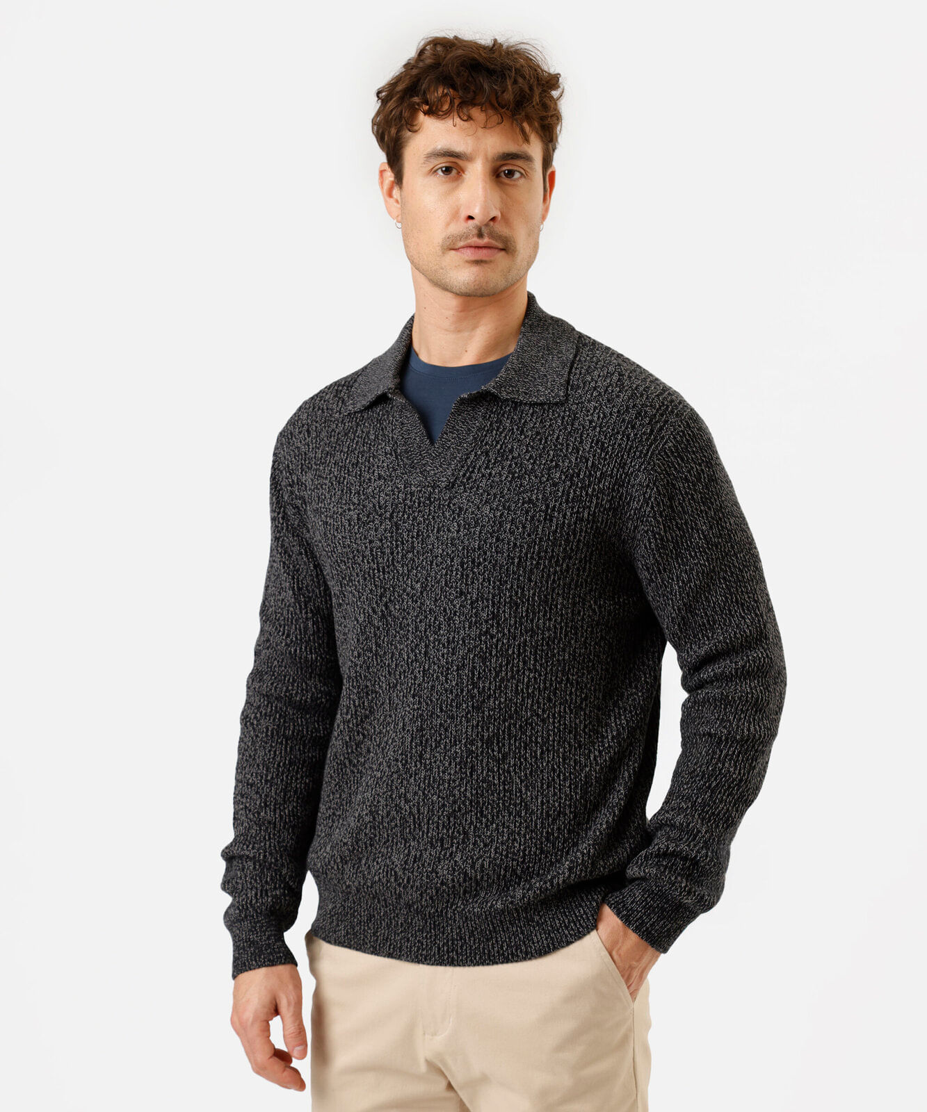suéter polo masculino de tricot azul
