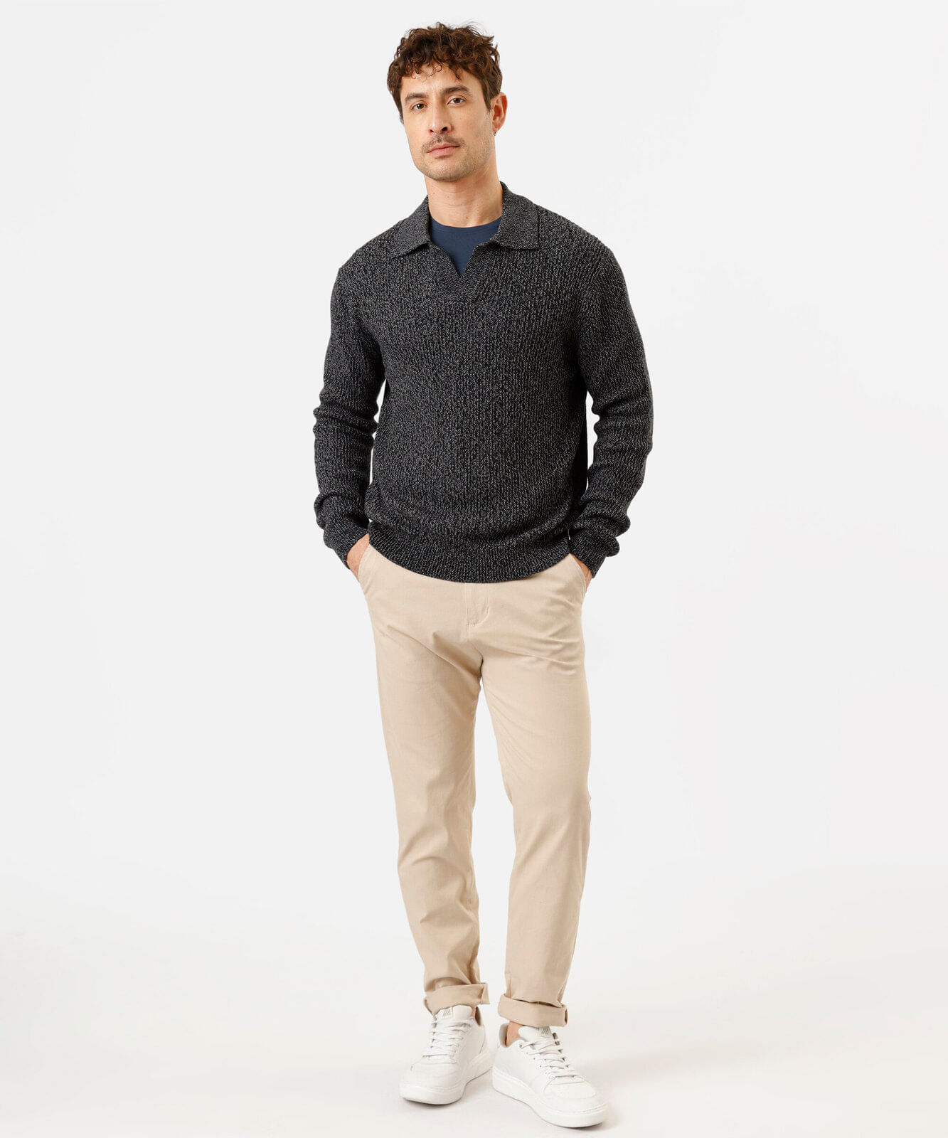 suéter polo masculino de tricot azul