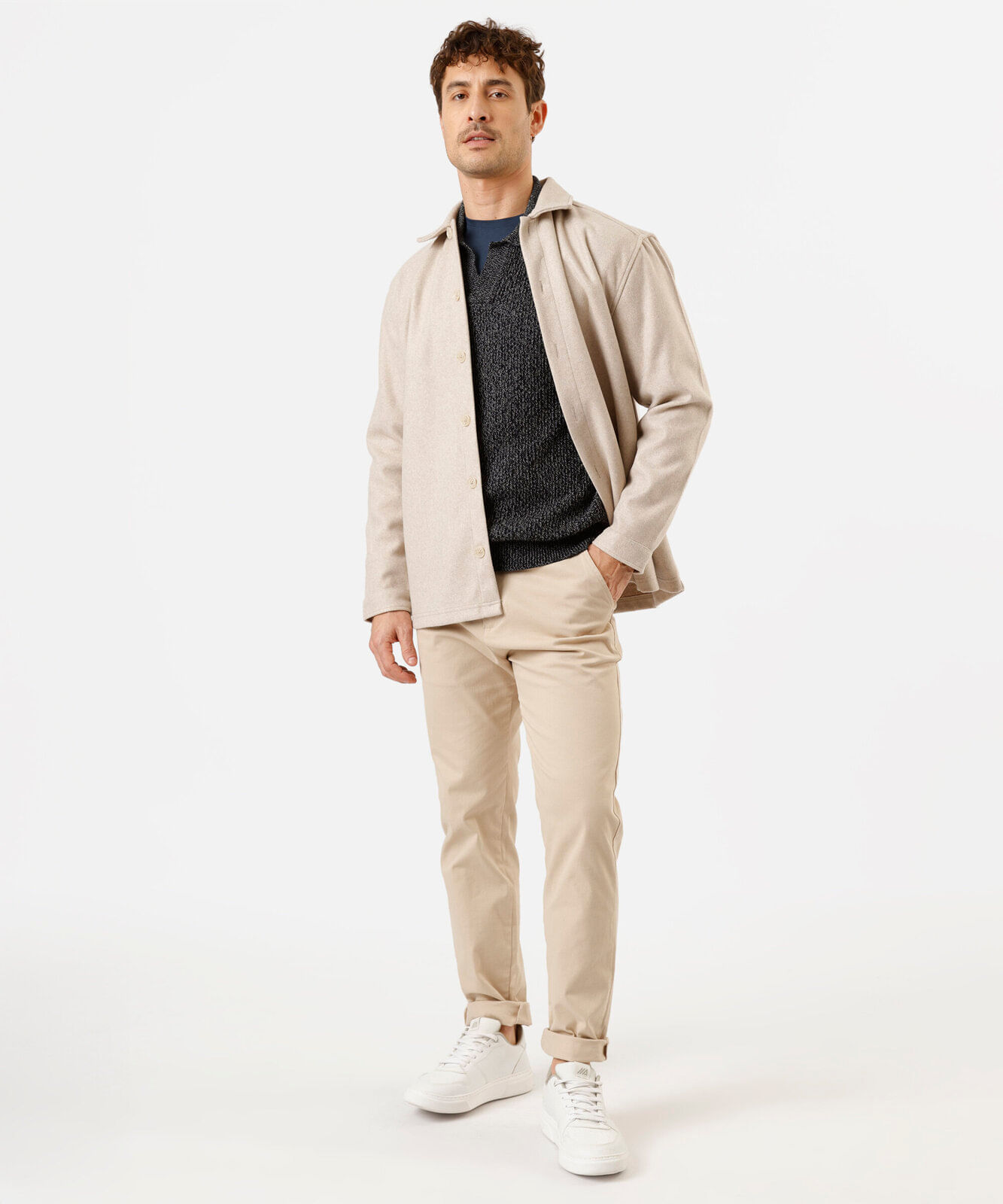 camisa overshirt masculina manga longa texturizada bege