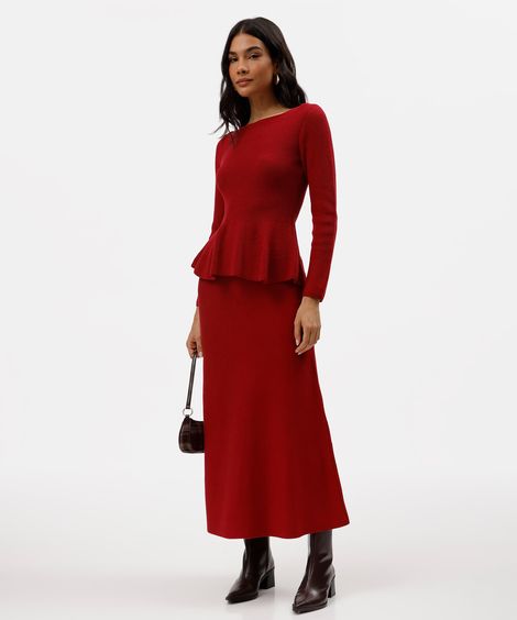 saia midi evasê feminina de tricot cós elástico vermelha