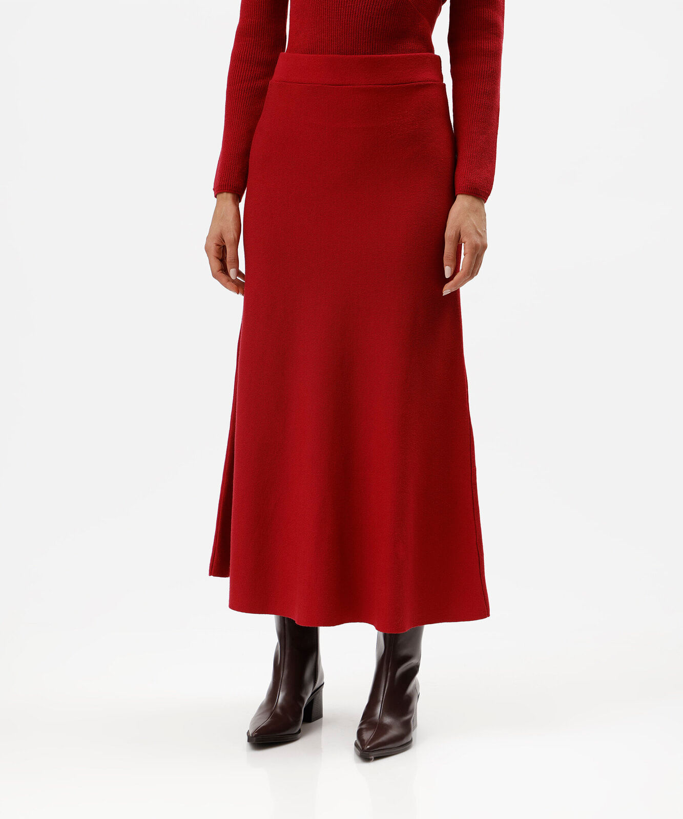 saia midi evasê feminina de tricot cós elástico vermelha