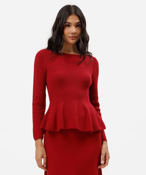 blusa peplum feminina de tricot manga longa  canelada vermelha