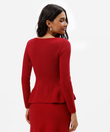 blusa peplum feminina de tricot manga longa  canelada vermelha
