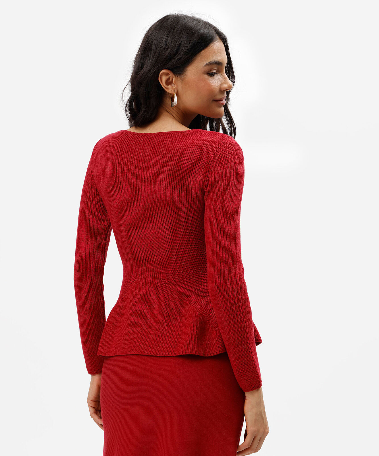 blusa peplum feminina de tricot manga longa  canelada vermelha
