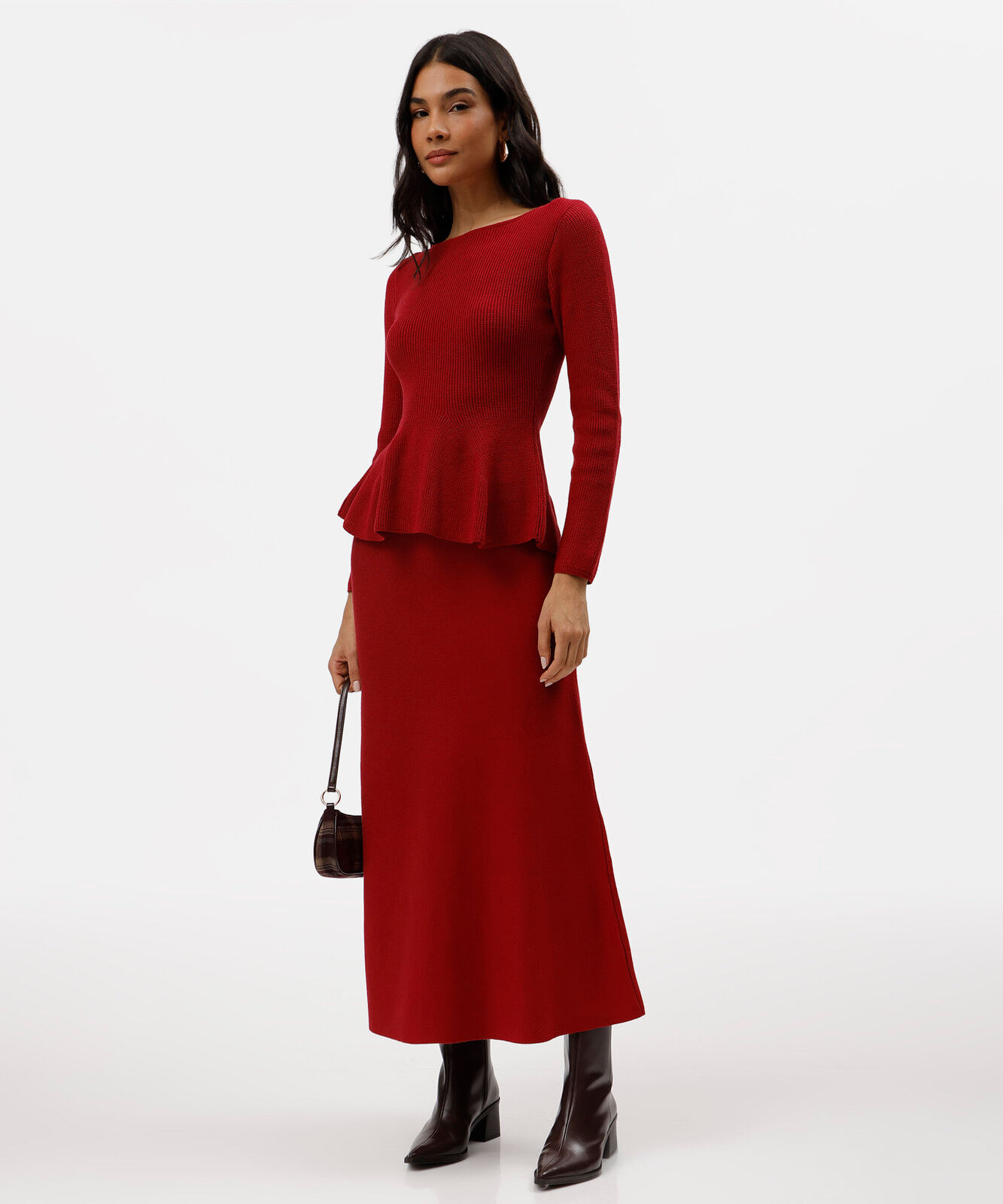 blusa peplum feminina de tricot manga longa  canelada vermelha