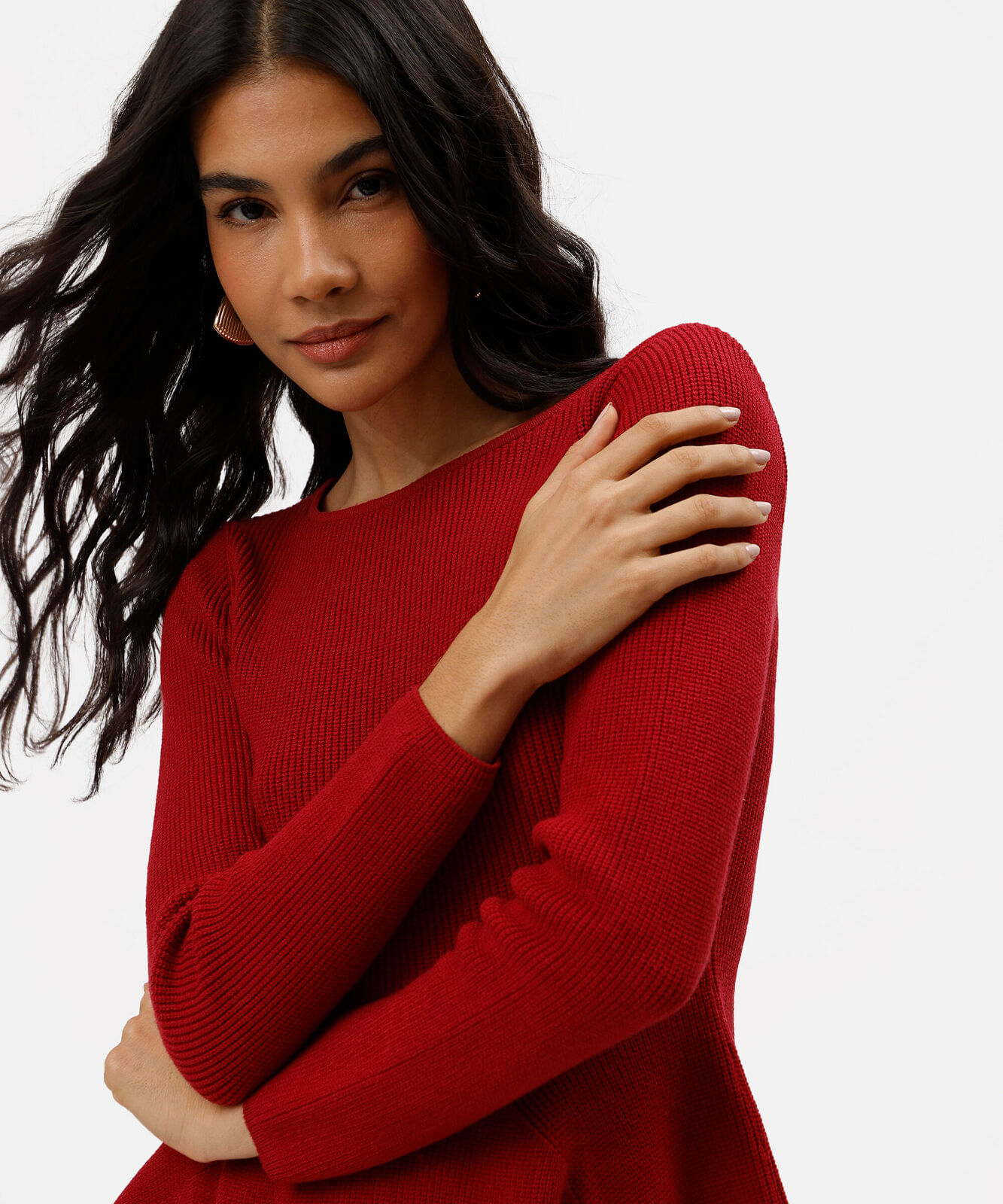 blusa peplum feminina de tricot manga longa  canelada vermelha
