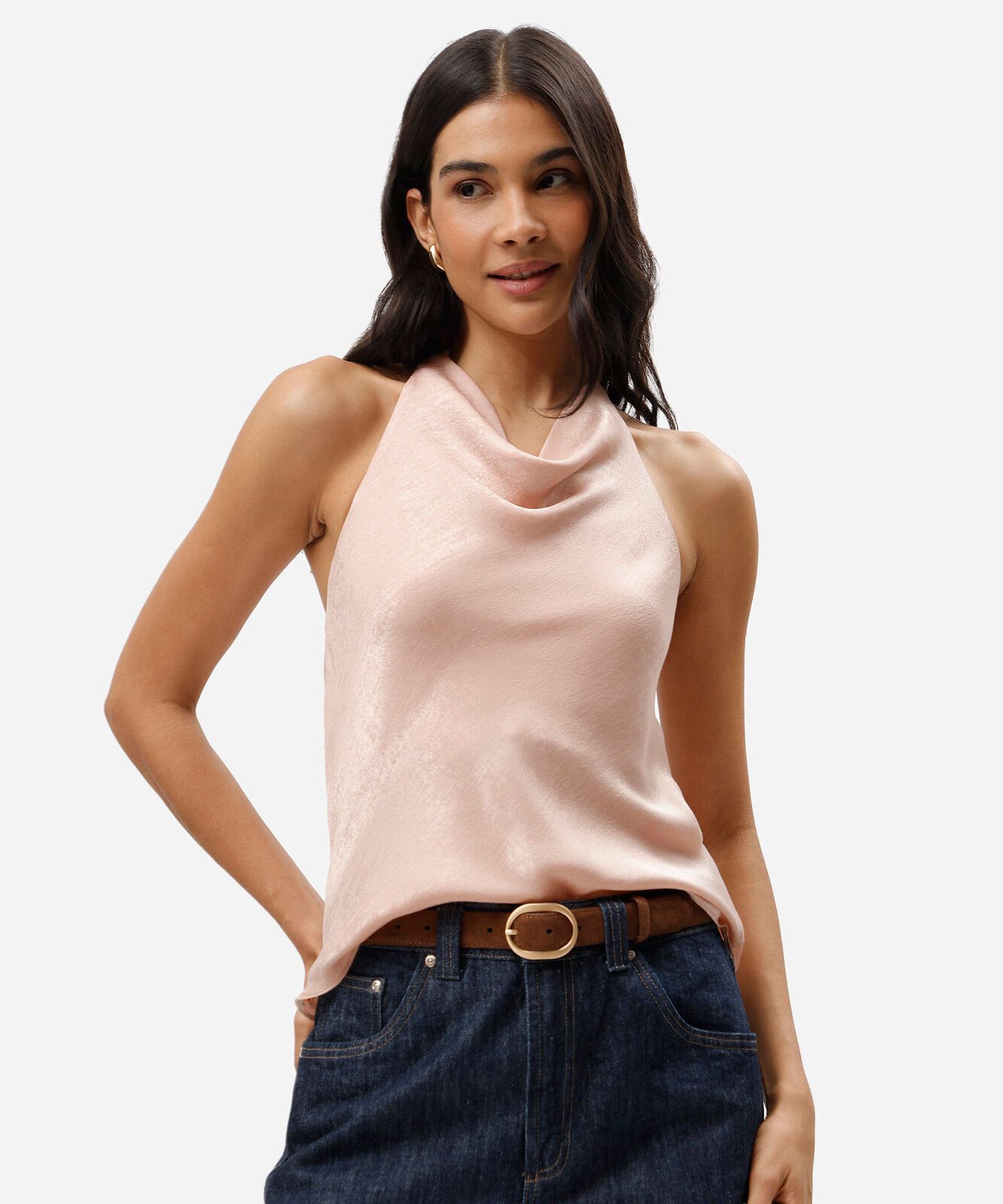 blusa frente única feminina decote degagê acetinada rosa