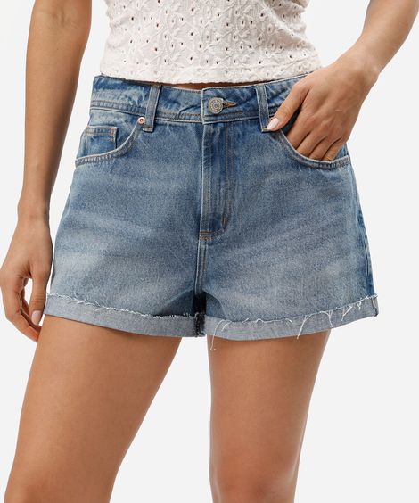 short feminino jeans barra dobrada cintura média azul