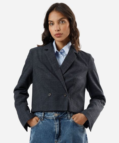 blazer de alfaiataria cropped feminino xadrez azul