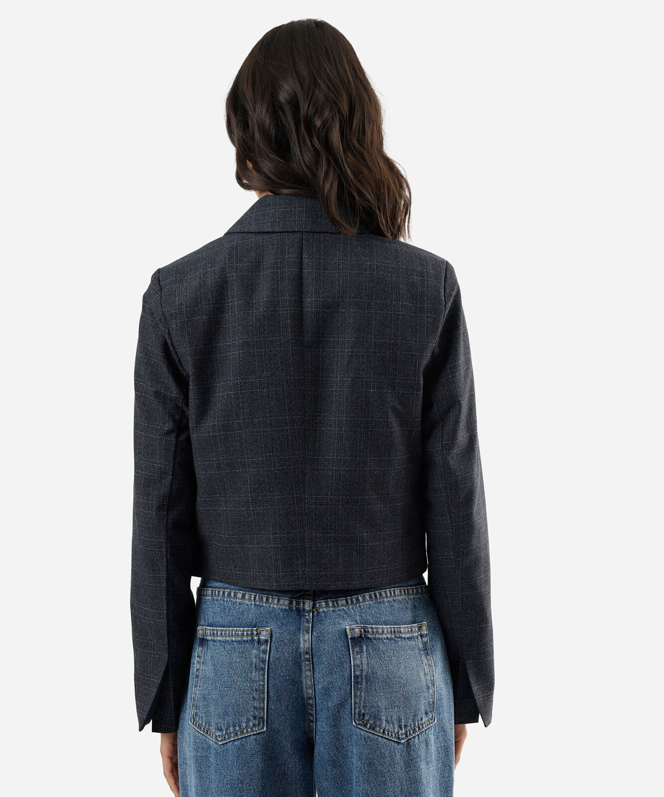 blazer de alfaiataria cropped feminino xadrez azul