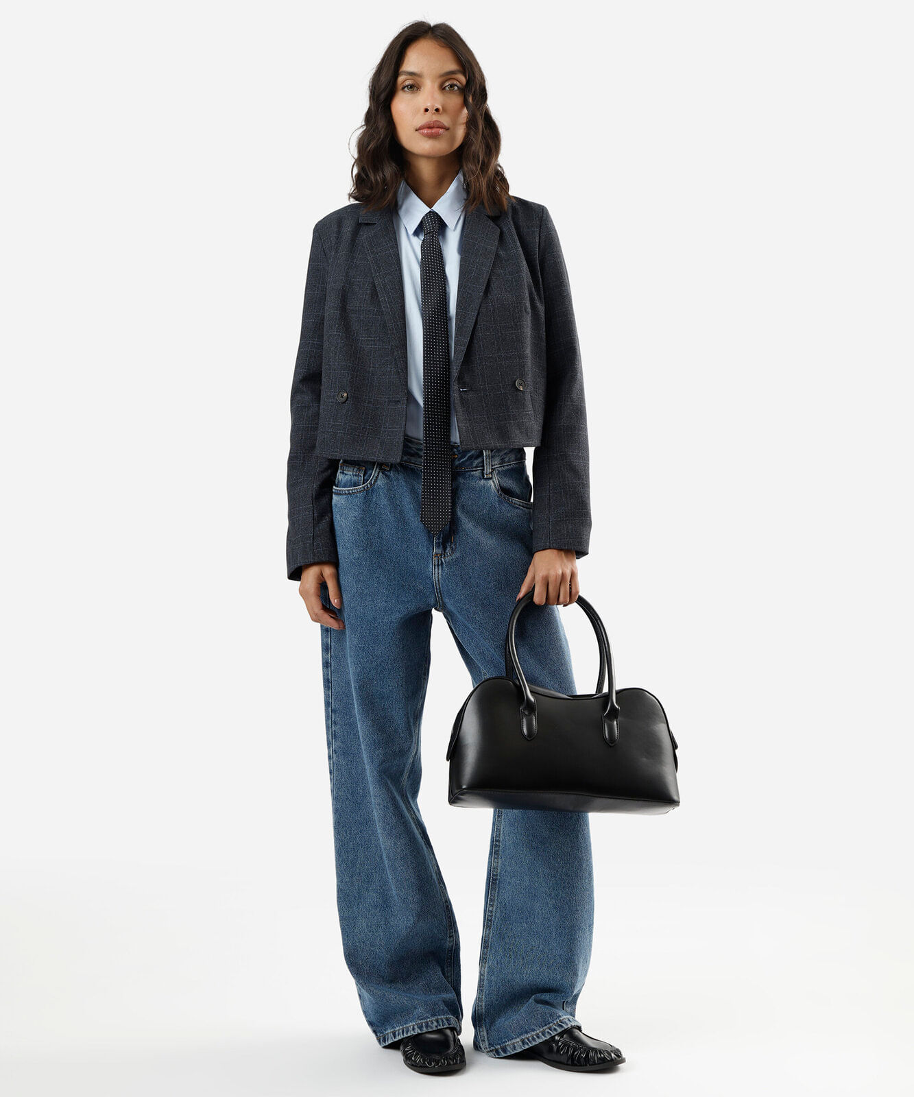 blazer de alfaiataria cropped feminino xadrez azul