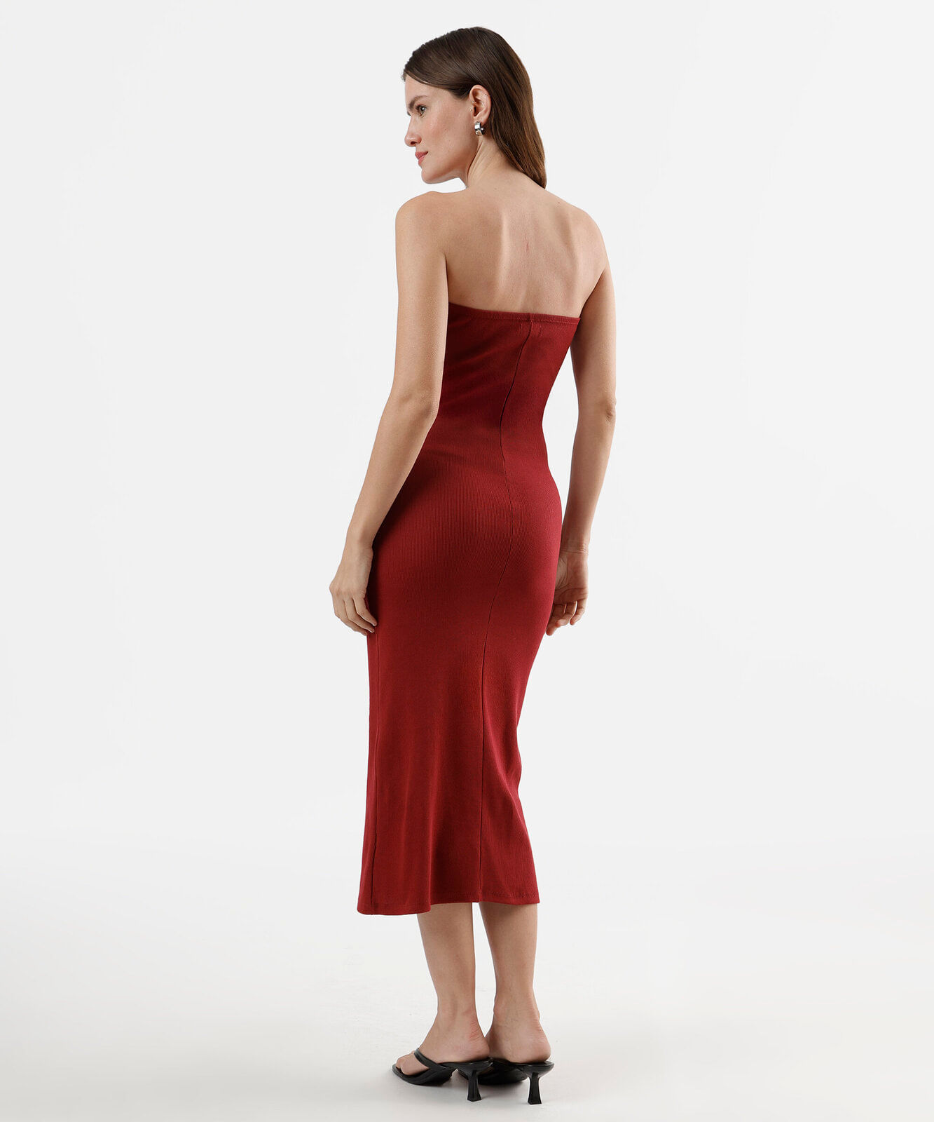vestido midi sem alça canelado feminino de algodão vermelho