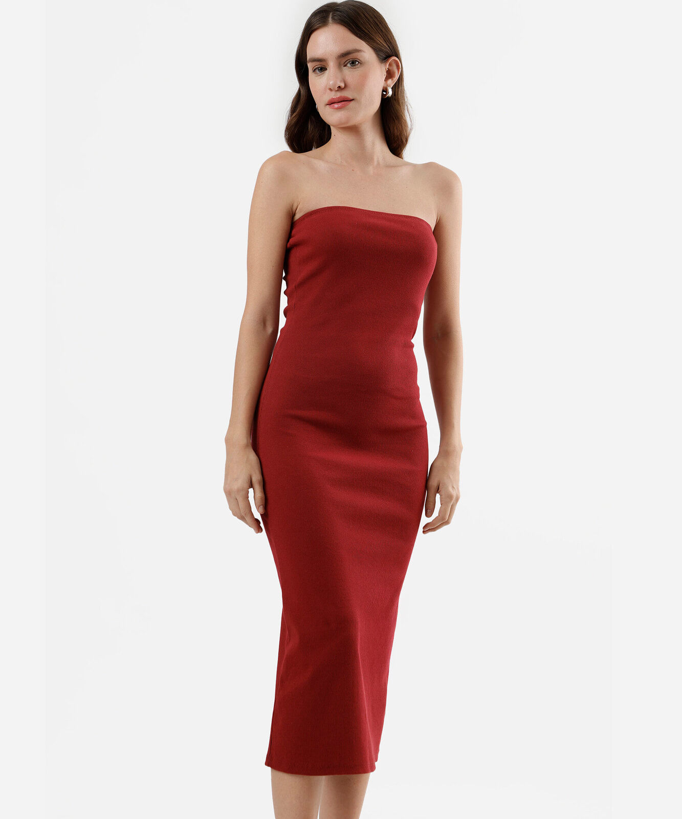 vestido midi sem alça canelado feminino de algodão vermelho