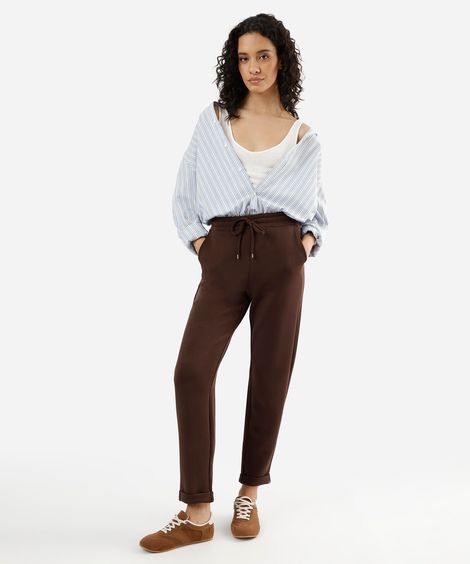 calça reta feminina cós elástico marrom
