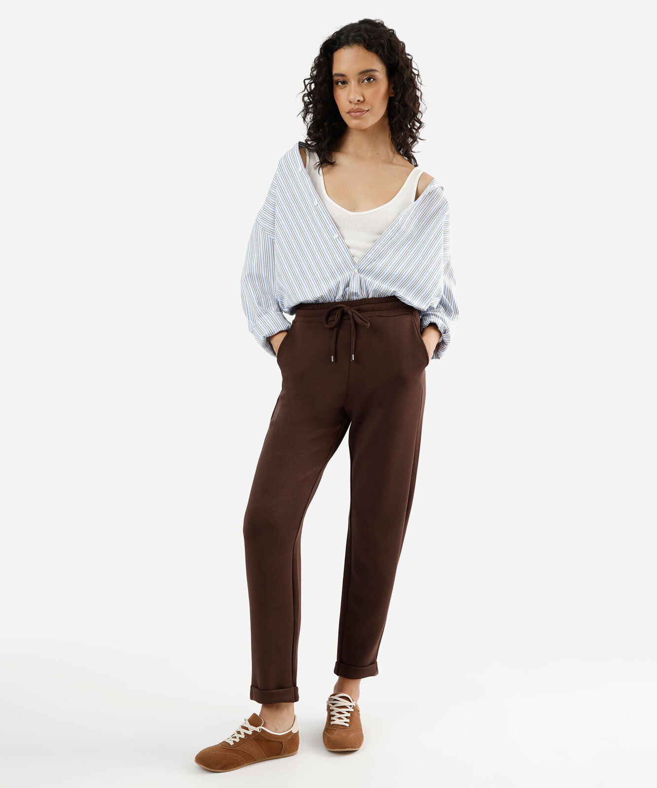 calça reta feminina cós elástico marrom