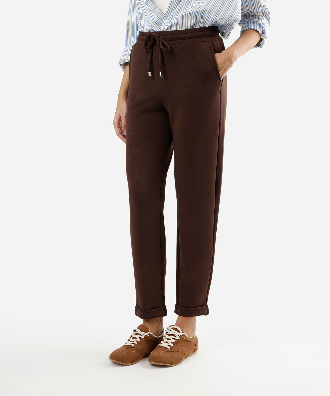 calça reta feminina cós elástico marrom