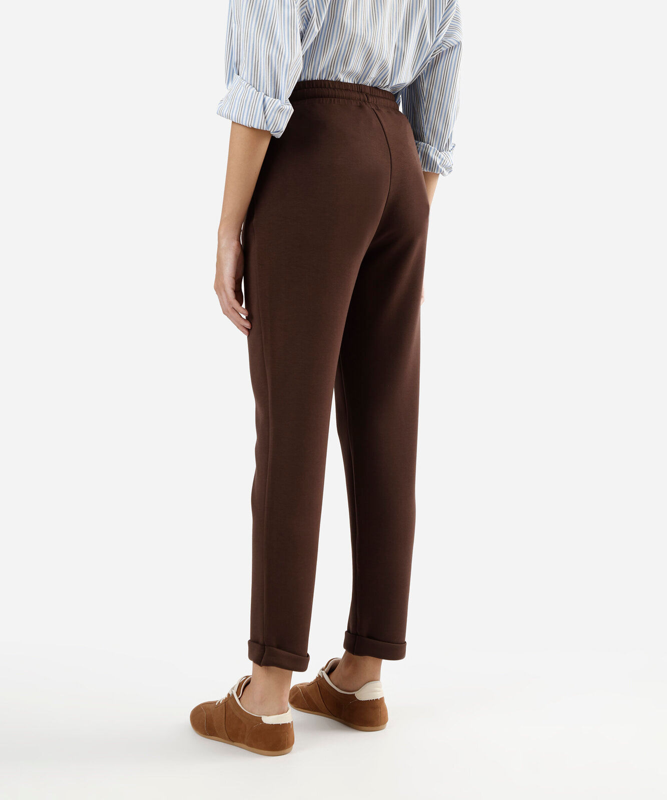 calça reta feminina cós elástico marrom