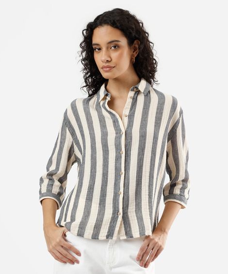 camisa feminina de algodão manga longa listrada marrom