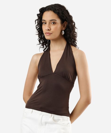 blusa frente única feminina com franzido marrom
