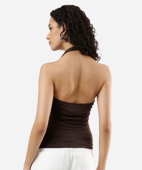 blusa frente única feminina com franzido marrom