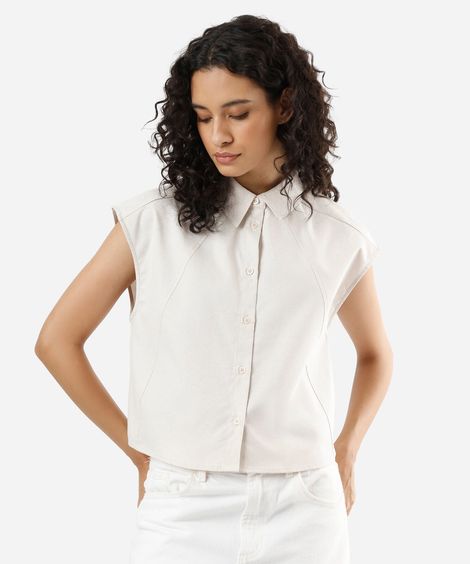 camisa feminina com algodão e recortes bege