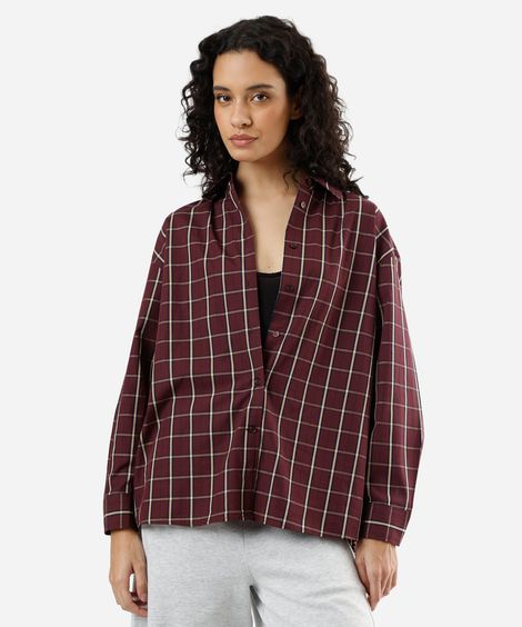 camisa oversized feminina de algodão manga longa xadrez colorida