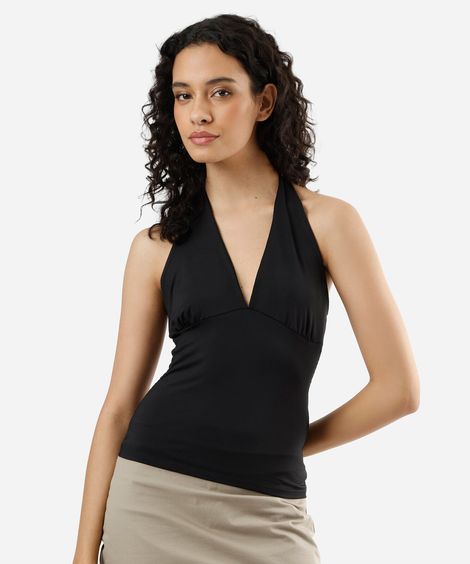 blusa frente única feminina com franzido preta