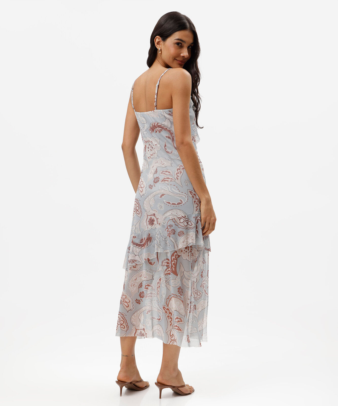 vestido midi alça fina feminino de tule com babado e fenda paisley azul