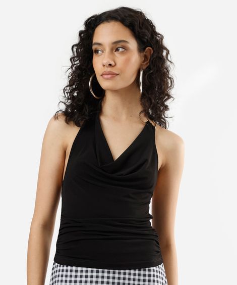 blusa frente única feminina decote degagê franzida preta