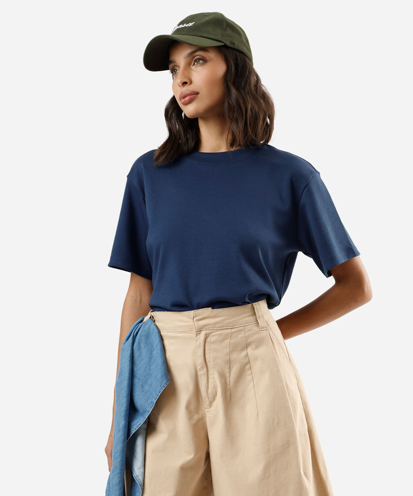 camiseta básica feminina de algodão peruano oversized com fendas azul