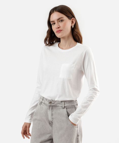 camiseta feminina de algodão com bolso manga longa off white