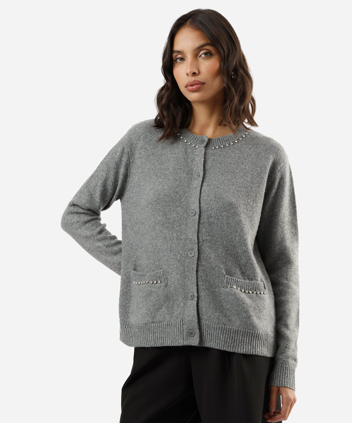 cardigan feminino tricot com brilhos cinza