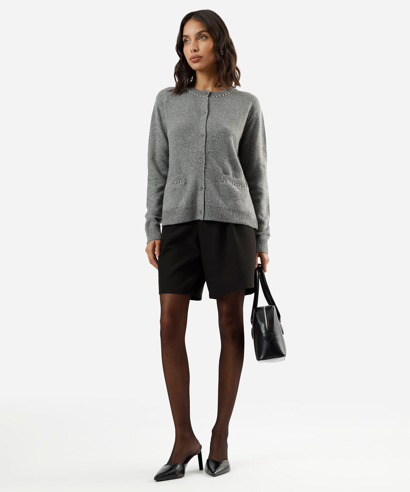 cardigan feminino tricot com brilhos cinza