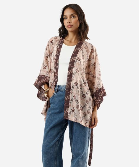 kimono feminino floral bege