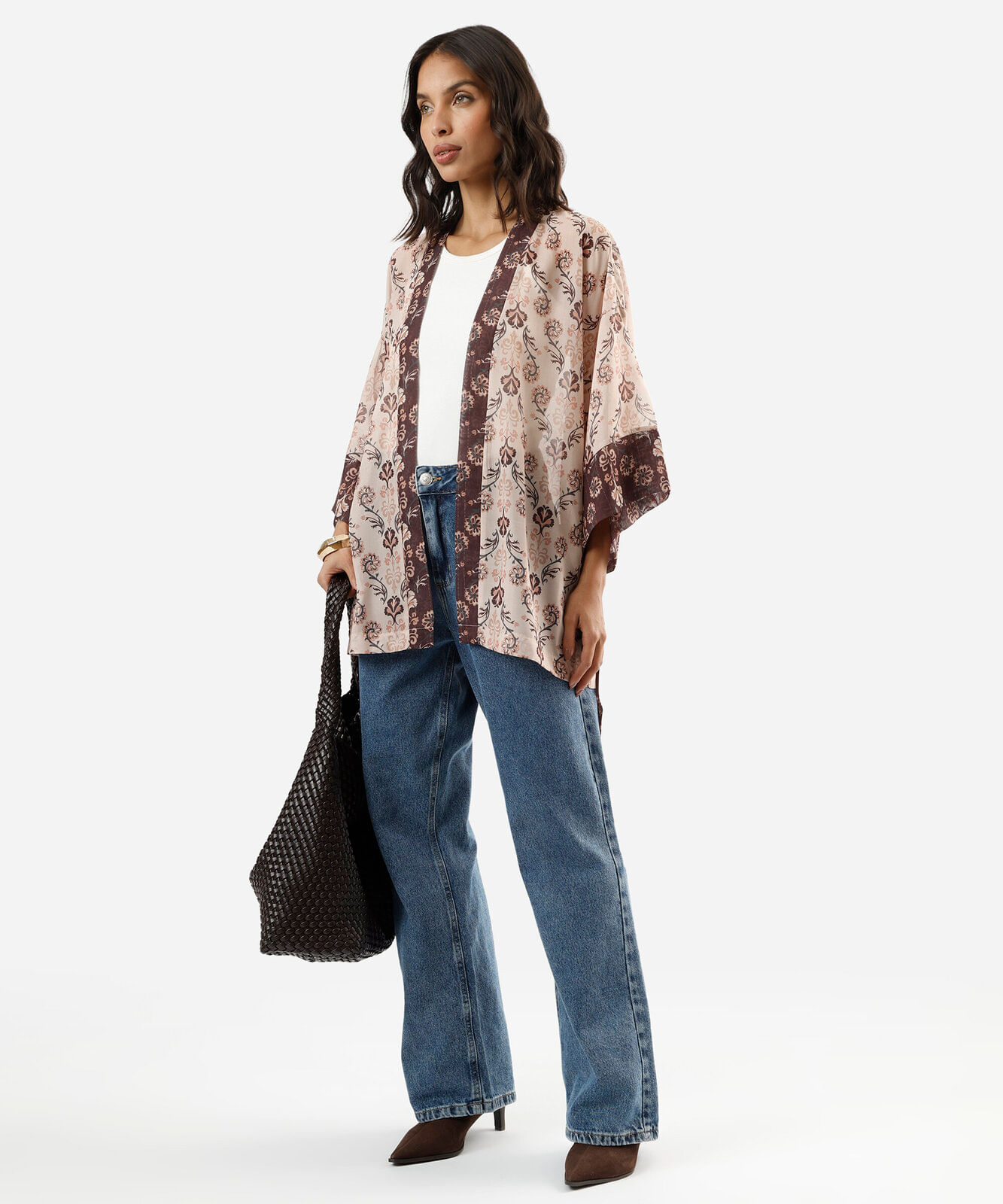 kimono feminino floral bege