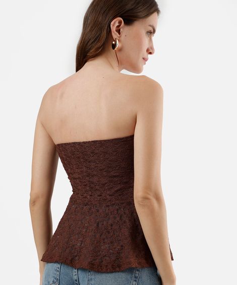 blusa peplum sem alça feminina de renda marrom