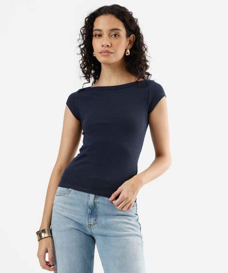 blusa feminina de algodão decote canoa canelado azul