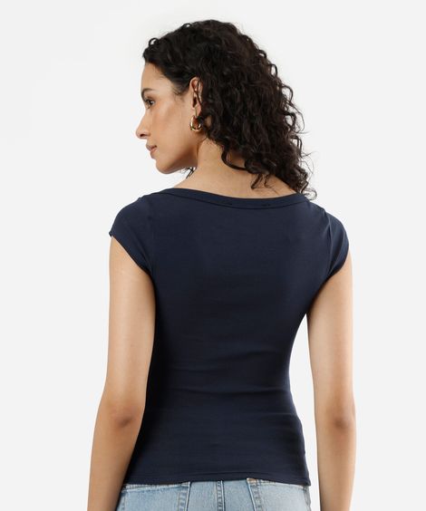blusa feminina de algodão decote canoa canelado azul