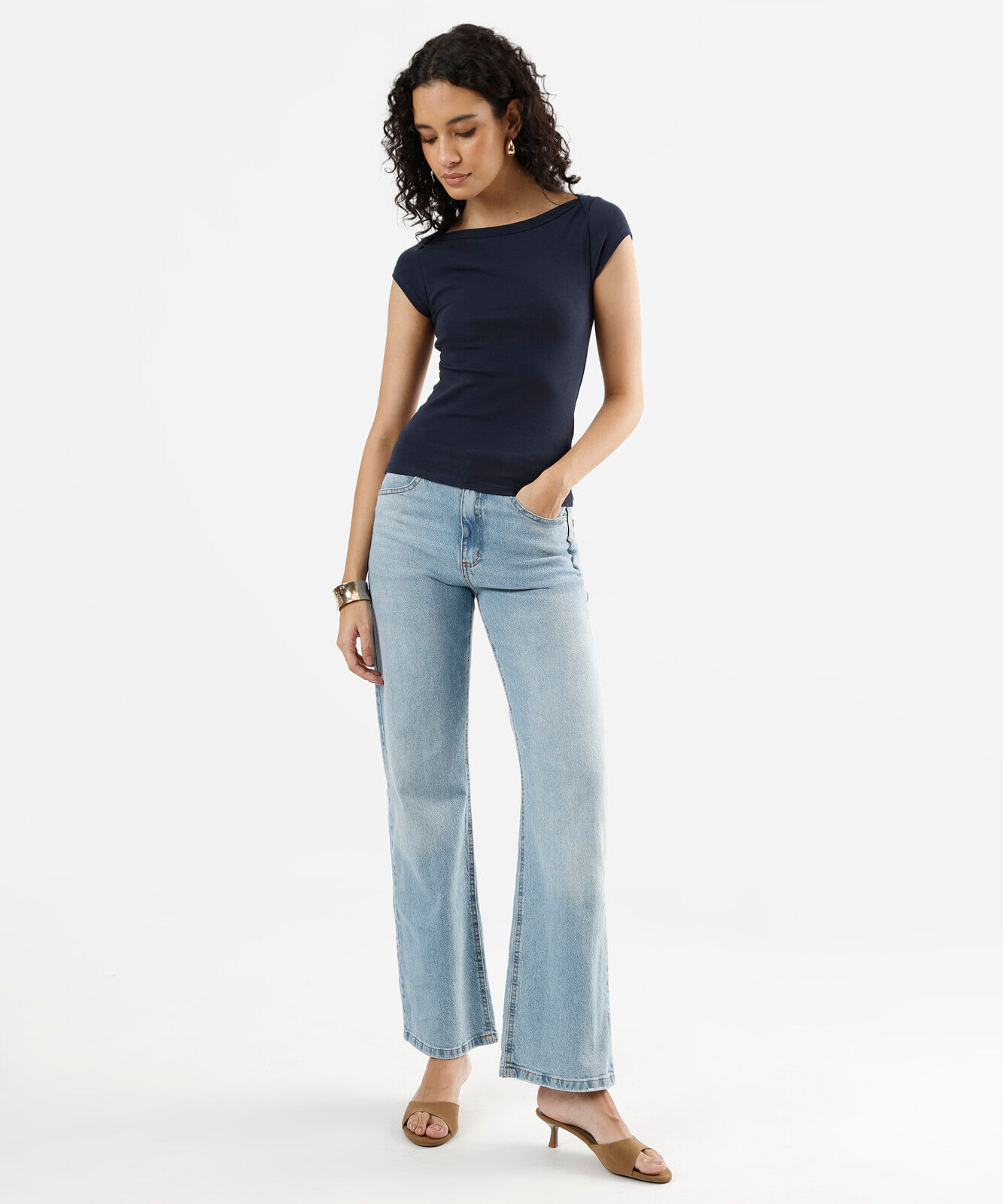 blusa feminina de algodão decote canoa canelado azul