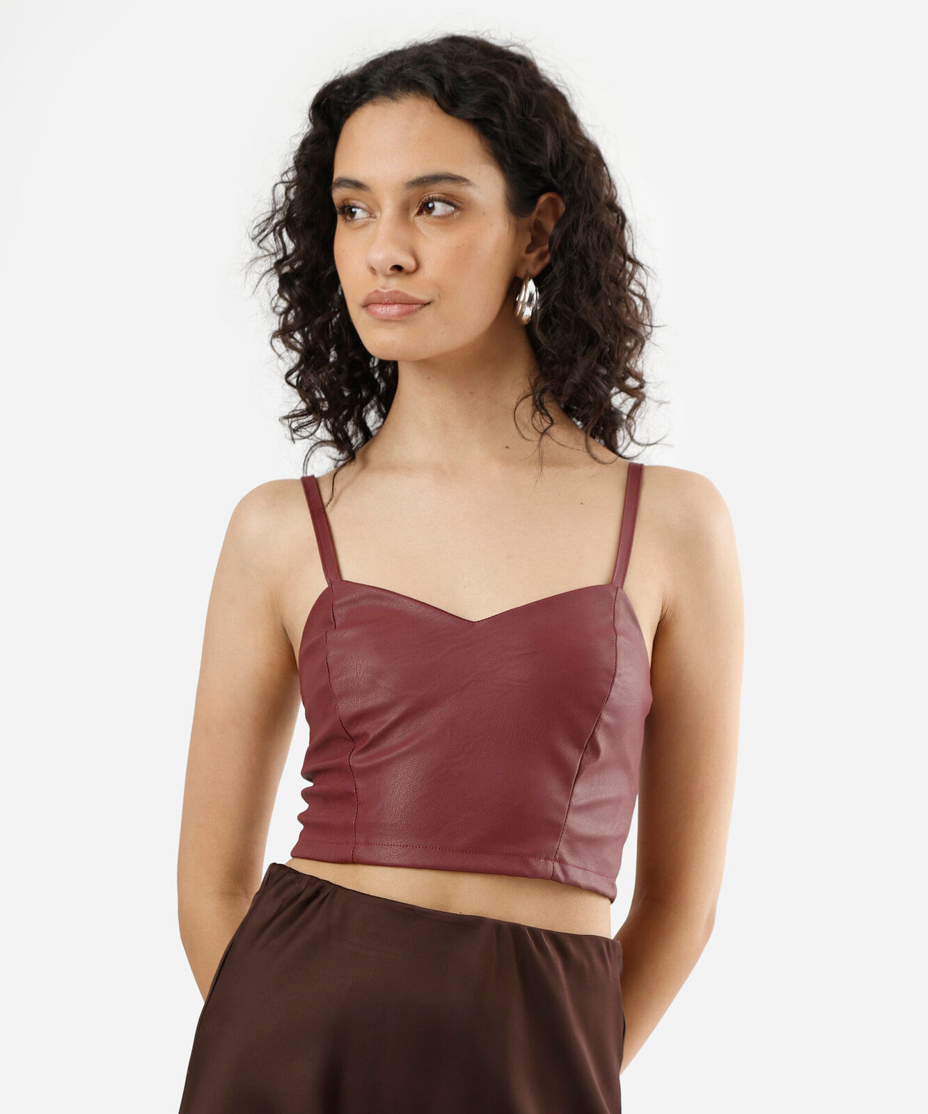 top cropped feminino de pu alça fina vinho