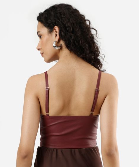 top cropped feminino de pu alça fina vinho