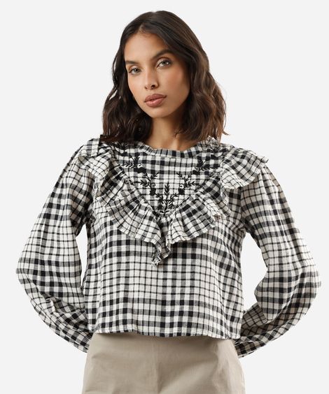 blusa feminina de algodão com babado e bordado xadrez preta