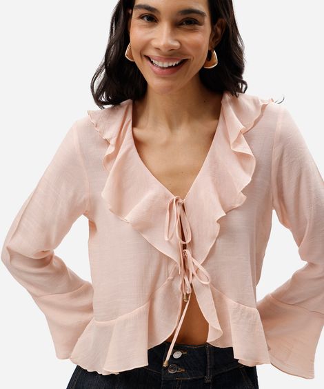 bata feminina decote v manga longa com babados rosa