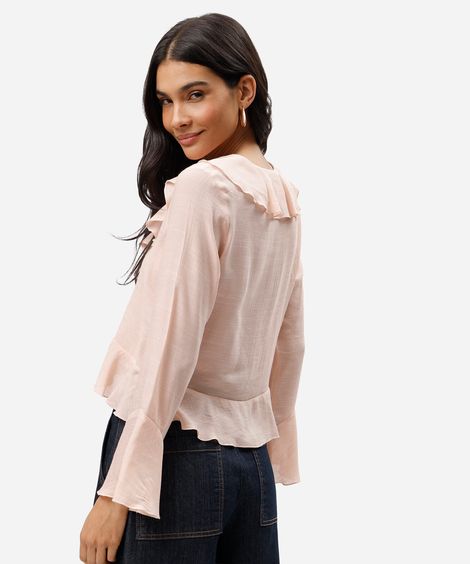 bata feminina decote v manga longa com babados rosa